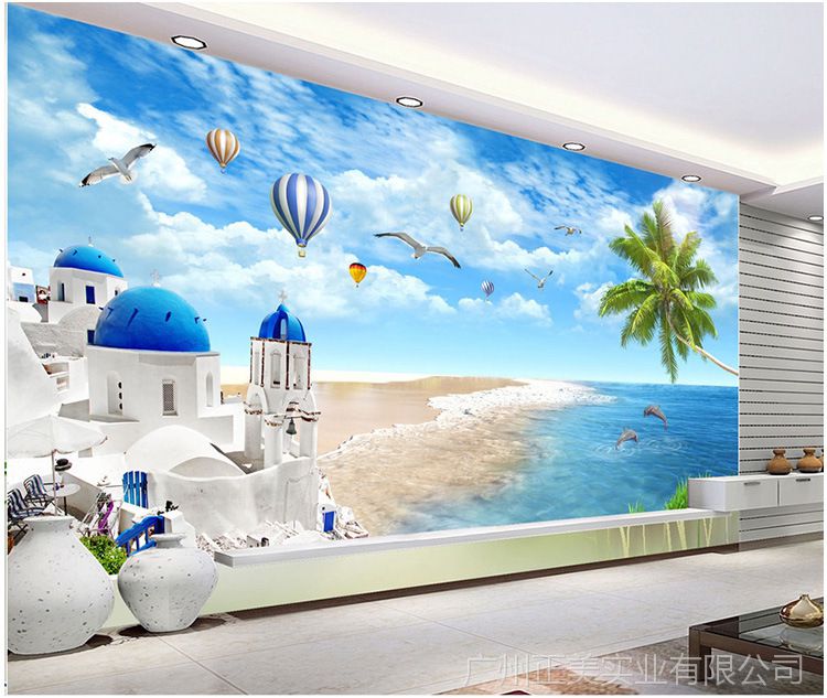 5d立体地中海墙纸3d电视背景墙壁纸蓝天白云海景风景壁画客厅卧室