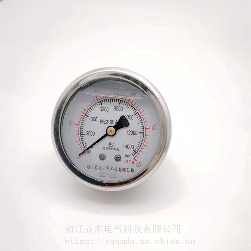 不锈钢耐震压力表轴向防腐耐震不锈钢充油表YN-60BFZ100MPa高压油表