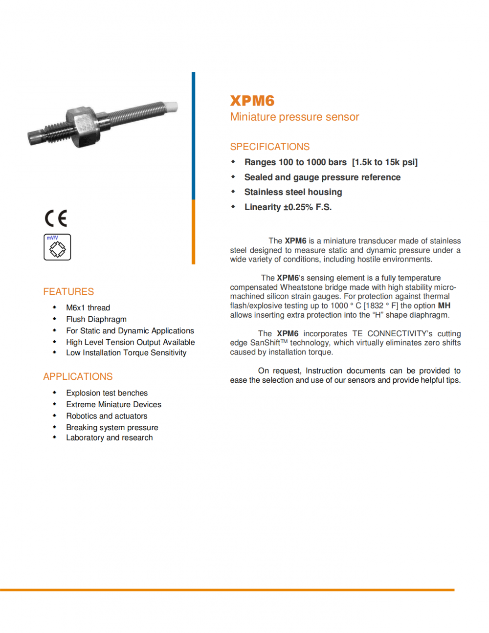 MEASXPM6高动态压力传感器采用SanShift技术消除了安装扭矩引起的零点漂移