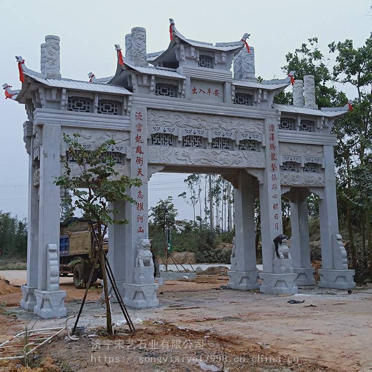 广州石牌坊厂家仿古花岗岩景区三门石雕牌楼单门石牌坊