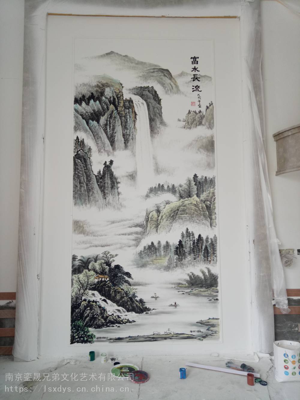别墅中空壁画彩绘现代新中式国画山水墙体彩绘传统工笔画