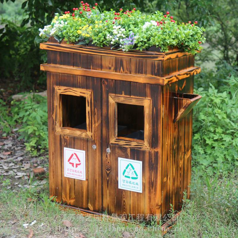 防腐木垃圾箱定做公园景区木质双桶可回收垃圾桶批发南京景观木制品厂家