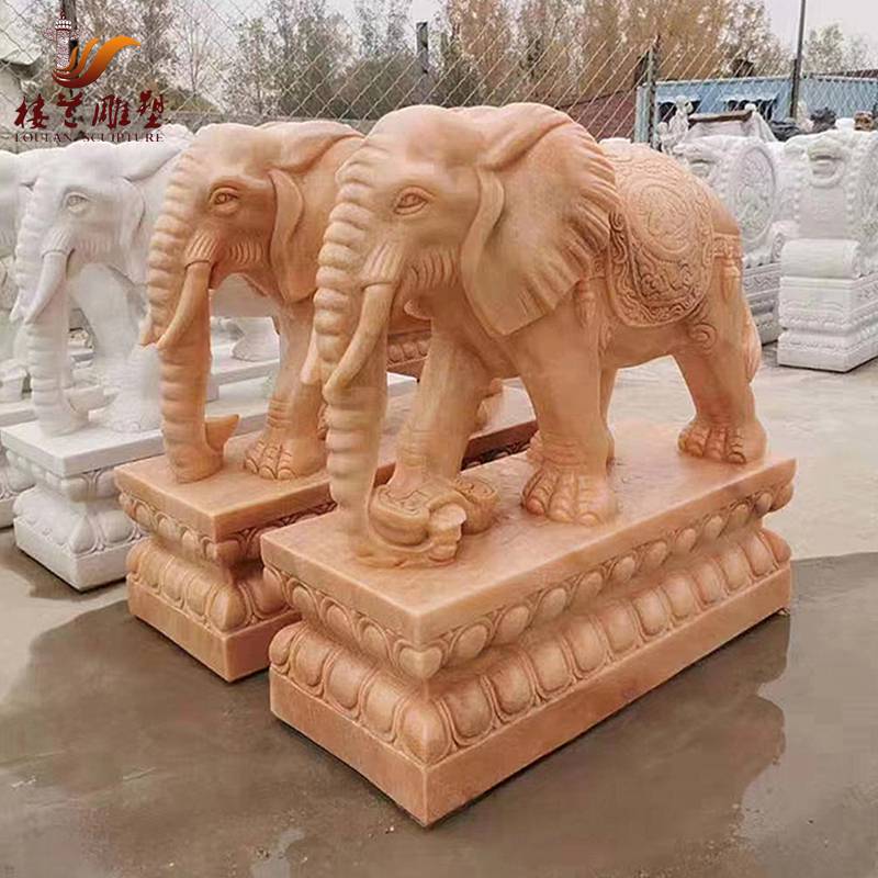 晚霞红石雕大象别墅门口汉白玉石象一对嘉祥石雕厂家可定做
