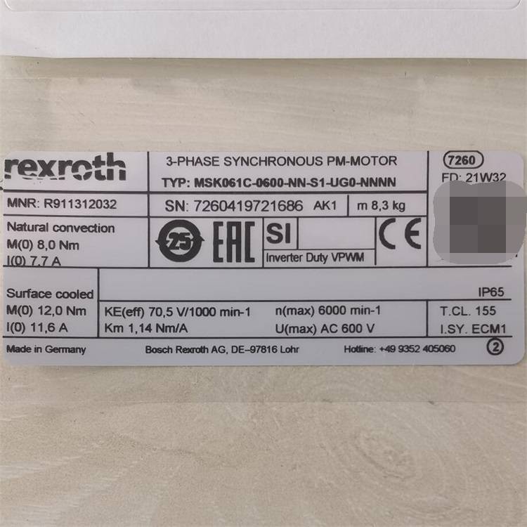 Rexroth//伺服电机//R911312032MSK061C-0600-NN-S1-U