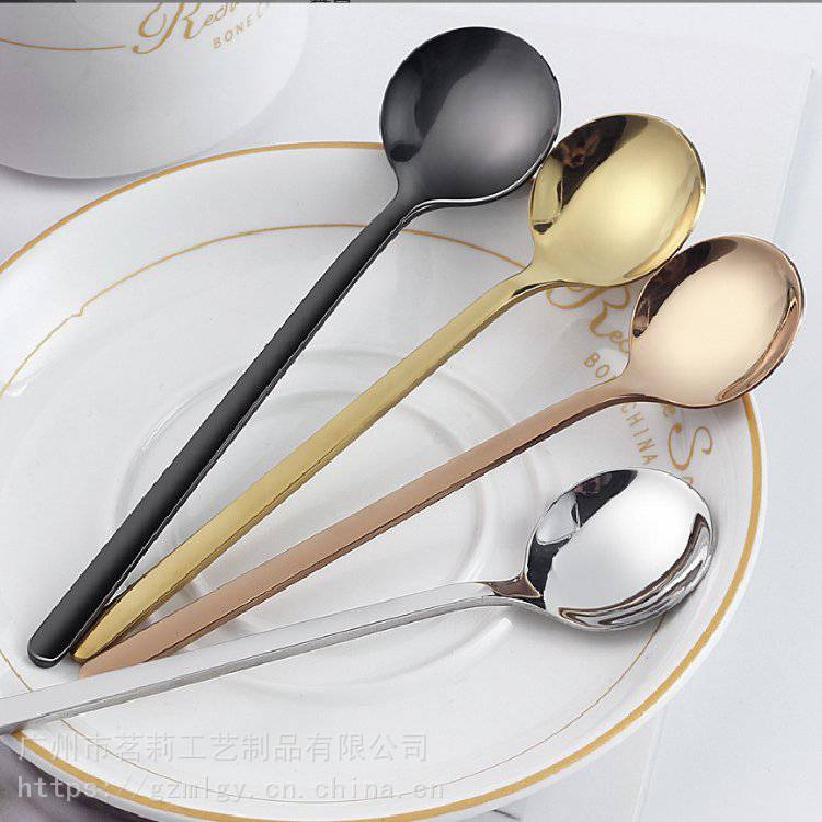 镀金色不锈钢勺子冰淇淋甜品咖啡长柄搅拌勺餐具礼品制作Logo