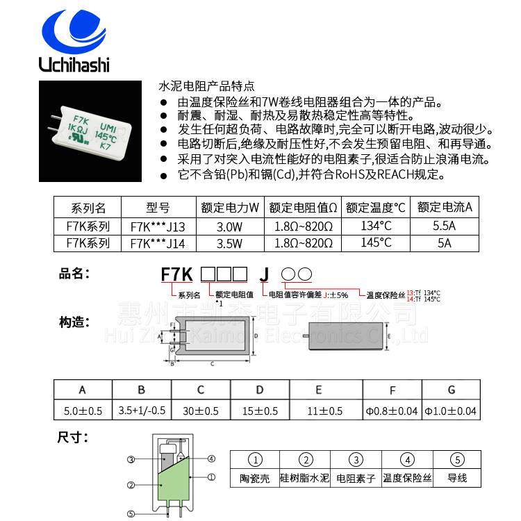 日本内桥F7K102J14-X水泥电阻器,惠州凯森供应