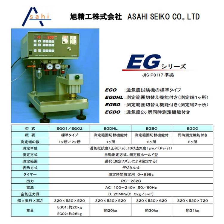 日本Asahi-seiko旭精工EGO1-55-1MR涂覆隔膜透气性测试机