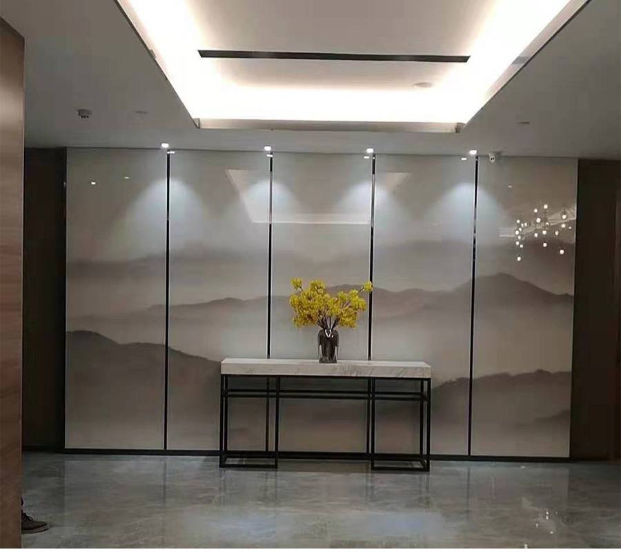 誉华召创夹丝玻璃艺术酒店隔断屏风山水画水墨新中式夹娟玻璃