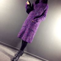 秋冬新品复古高领老佛爷大口袋混杂色线中长款毛衣女针织连衣裙