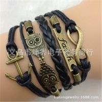 饰品批发复古青铜船锚 浪漫密码Faith猫头鹰腊绳多层友谊手链