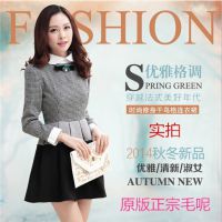 2014新款女装 韩版通勤ol长袖娃娃领拼接千鸟格纯棉连衣裙女