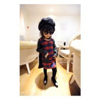 小木马 2014秋冬新款女童韩版格子PU皮袖拼接连衣裙 童装批发-D