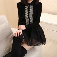 2014秋冬装新款韩版中长款修身拼接蕾丝裙针织方领连衣裙女装