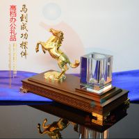 精兴水晶办公用品摆件定制 商务办公礼品 木质底座笔筒摆饰 刻logo
