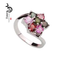 淘宝爆款 天然水晶925银天然碧玺花朵高档戒指批发