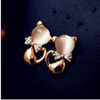 外贸 韩国耳钉裸色猫眼石锆石锆钻女蝴蝶结可爱小猫咪耳饰品1336