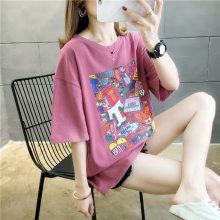广州夏季新款地摊货源热卖女士短袖t恤圆领印花上衣女 便宜女装批发