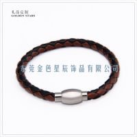 复古棕色编制皮绳手链 编织手链定做 铜磁扣手环 真皮手镯