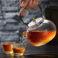 厂家直销玻璃茶壶锤目纹铜把提梁茶壶加厚耐热玻璃茶具日式煮水壶
