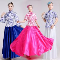 直销新款青花瓷合唱服古典舞蹈服长裙民乐表演服连衣裙古筝成人女