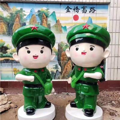 q版綠軍裝男童女童玻璃鋼雕像/彩繪小紅軍人像小八路樹脂模型卡通人偶